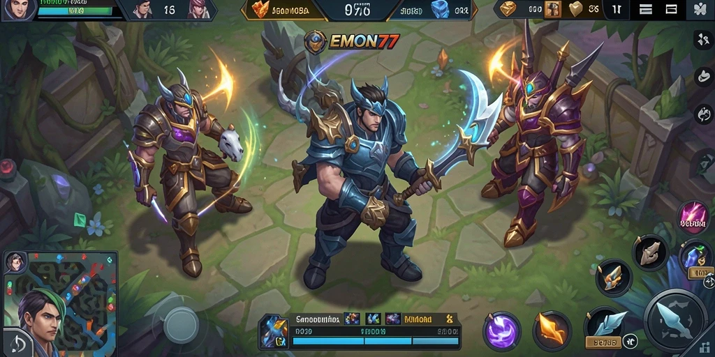 Screenshot gameplay EMON77 menampilkan aksi pertempuran MOBA yang mendebarkan.