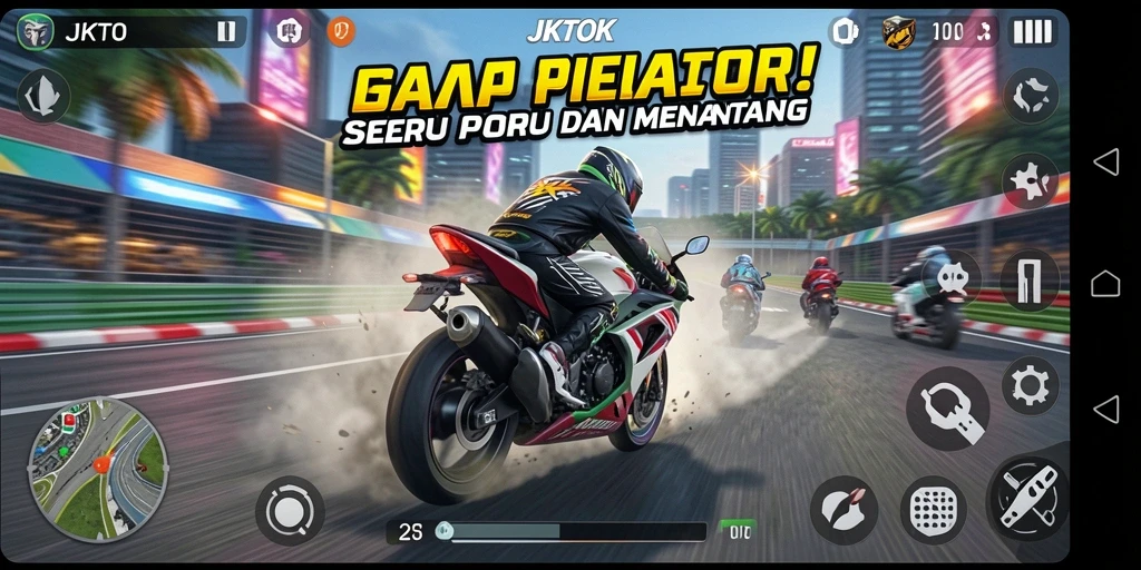 Tampilan gameplay JKTOK dengan aksi balap motor yang mendebarkan.
