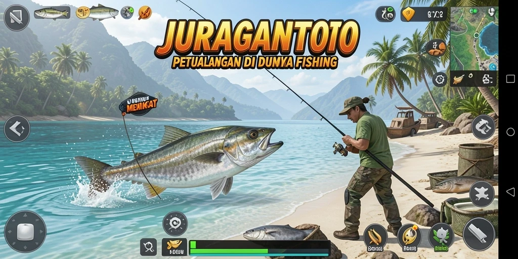 Tampilan gameplay JURAGANTOTO dengan berbagai lokasi memancing yang menawan.