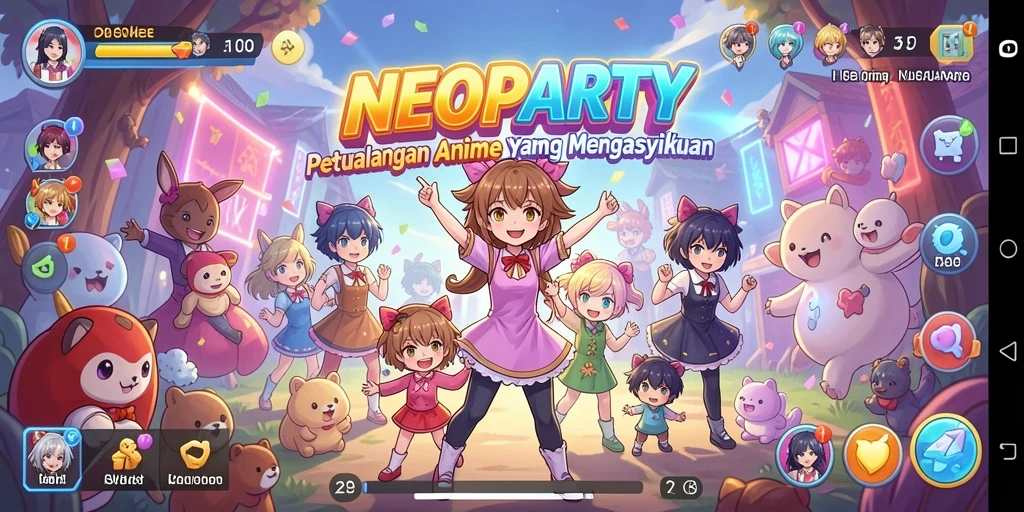 Tampilan gameplay NEOPARTY yang menarik dan penuh warna.