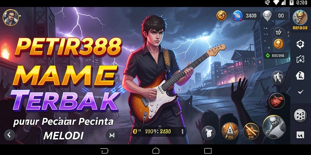 Screenshot menunjukkan gameplay interaktif dan lagu-lagu favorit di PETIR388.