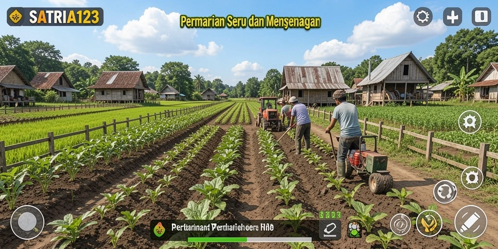 Screenshot gameplay SATRIA123 menampilkan ladang yang subur dan tanaman yang berwarna-warni.