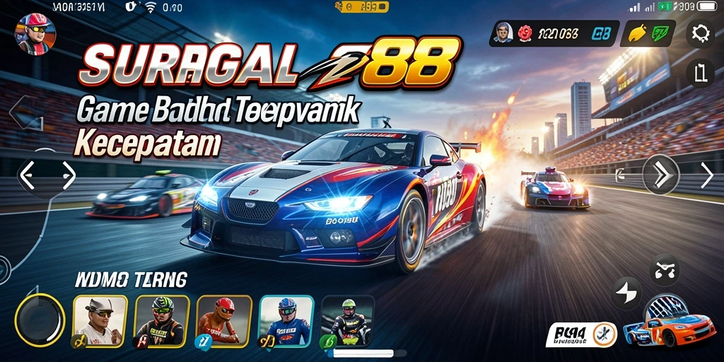 Tampilan gameplay menegangkan dalam SURGA88 dengan balapan seru dan mobil cepat.